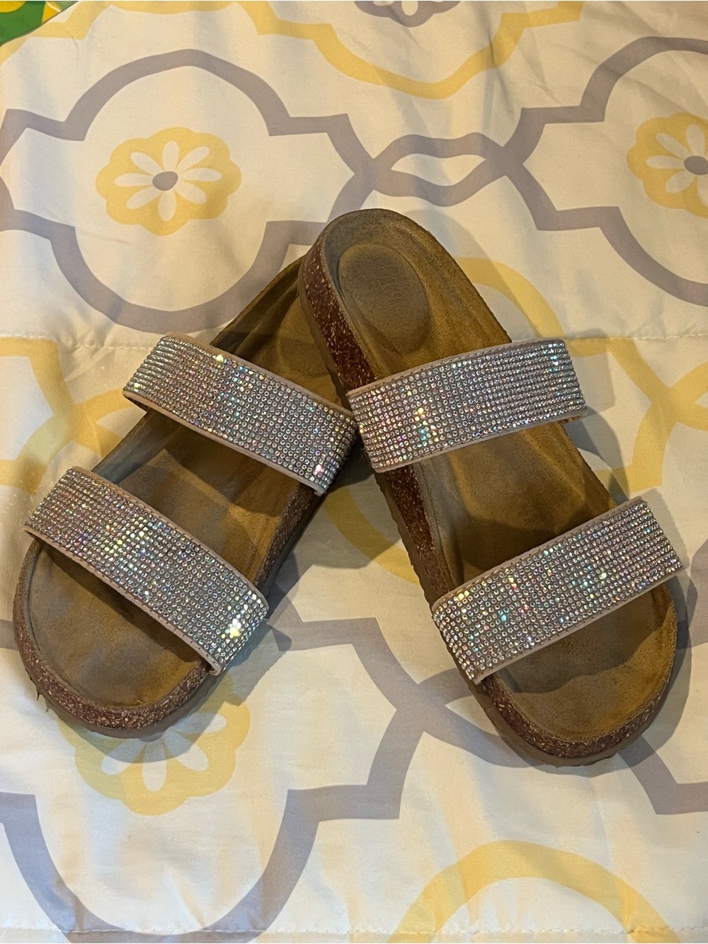 Time and Tru Crystal Double-Strap Slide Sandals - Silver